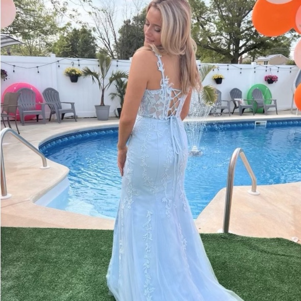 Elegant Light Blue Gown with Lace Details